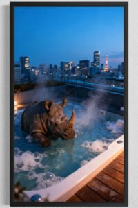 Noshörning som badar i bubblande jacuzzi på takterrass med Tokyos skyline i skymningen