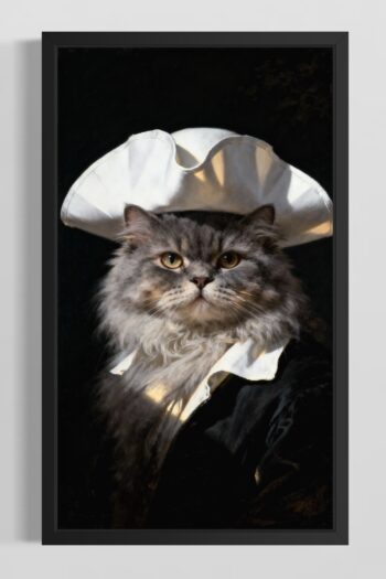 Klassiskt porträtt av fluffig grå katt med vit trekantig hatt i oljemålningsstil