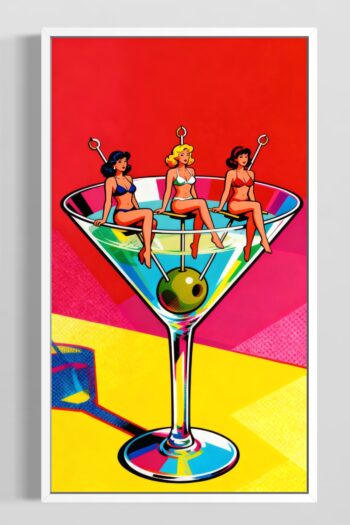 Pop art illustration av tre kvinnor i bikini i gigantiskt martiniglas med knallröd bakgrund