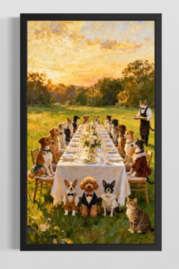 Oljemålning av hundar vid formellt middagsbord i trädgård med katt som servitör
