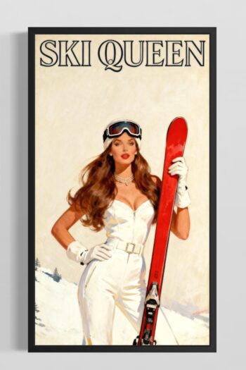 Glamorös kvinna i vit skidoverall håller röda skidor