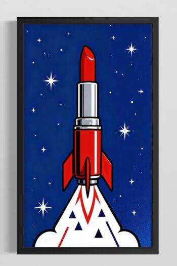 Pop art läppstift format som raket som lyfter mot stjärnhimmel