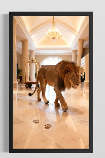 Lejon som går genom lyxig hotellobbys marmorgolv