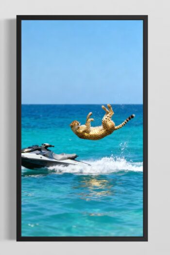 Gepard som flyger bakåt från vattenskoter över turkost hav